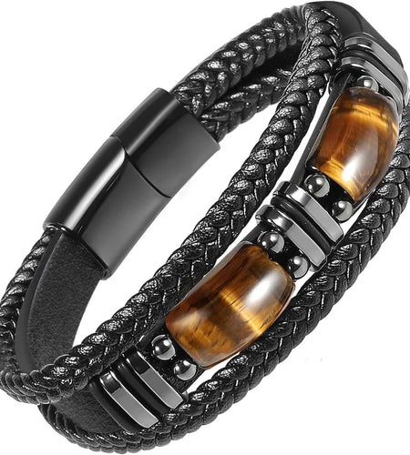 Tiger Eye Black Leather Bracelet Men Natural Gemstone Crystal Stone Jewelry Handmade Courage Stress Relief Protection Bracelet
