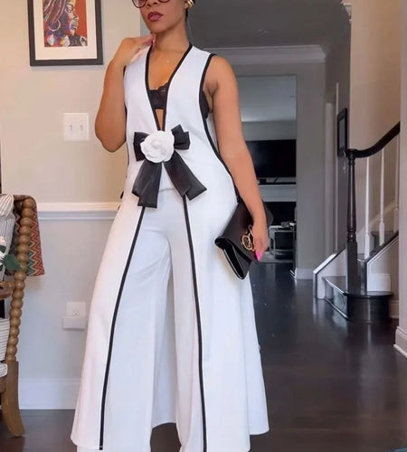 Bow Tie Appliques V-neck Sleeveless Long Top and Wide Leg Pants Matching Sets Women Two Piece Set Elegant Vintage Club Outfits