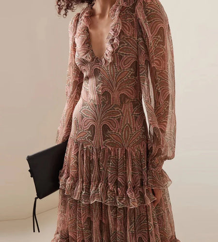 Casual Bohemia Dresses Elegant V-neck Ruffled High Waist Evening Dress Women Fashion Printed Mesh Pleated Long Dress