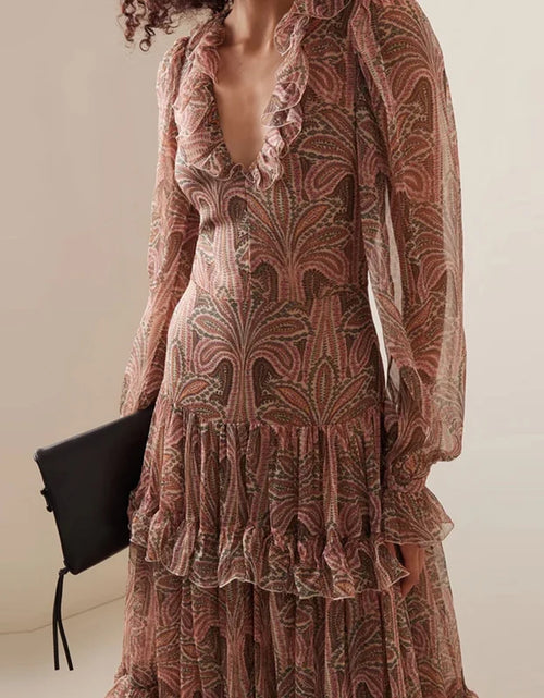Load image into Gallery viewer, Casual Bohemia Dresses Elegant V-neck Ruffled High Waist Evening Dress Women Fashion Printed Mesh Pleated Long Dress
