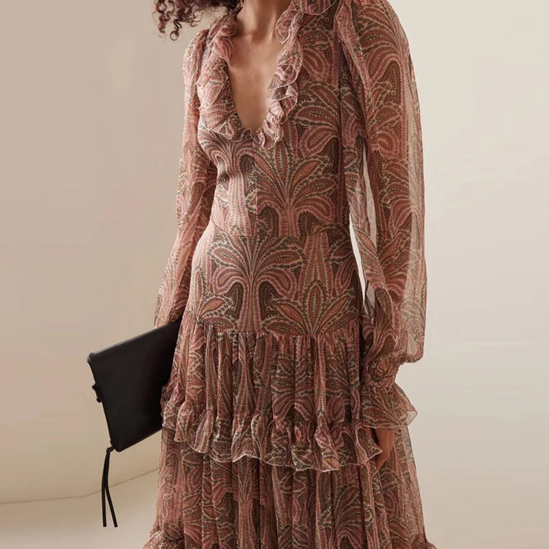 Casual Bohemia Dresses Elegant V-neck Ruffled High Waist Evening Dress Women Fashion Printed Mesh Pleated Long Dress