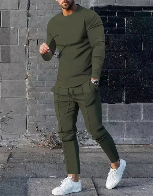 Load image into Gallery viewer, 2025 Spring New Men&#39;s Casual Sport Two-pieces Fashion Solid Long Sleeve O-neck T-shirt and Sweatpants Suits Men Tracksuit Outfit
