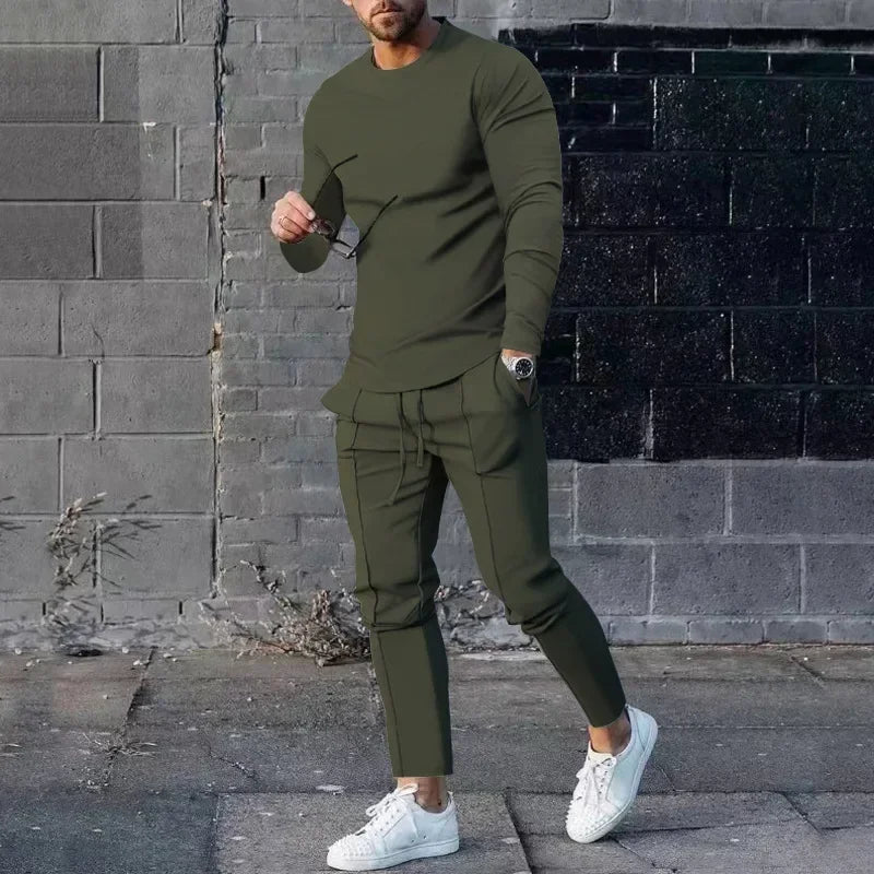 2025 Spring New Men's Casual Sport Two-pieces Fashion Solid Long Sleeve O-neck T-shirt and Sweatpants Suits Men Tracksuit Outfit