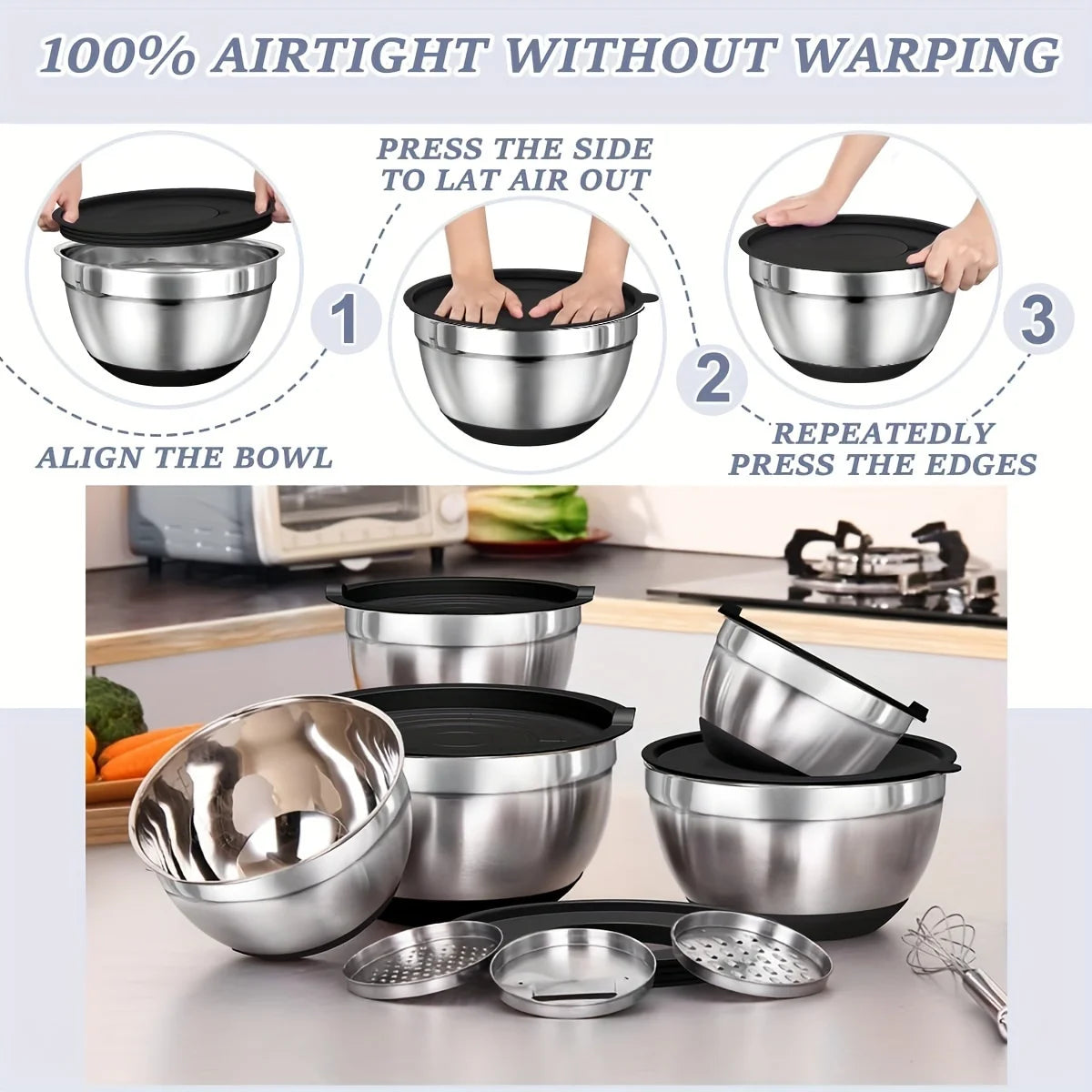 8pcs Mixing Bowls with Airtight Lids Stainless Steel Mixing Bowl Set, Attachments  Bottoms, Black Kitchen Bowls, Baking Serving