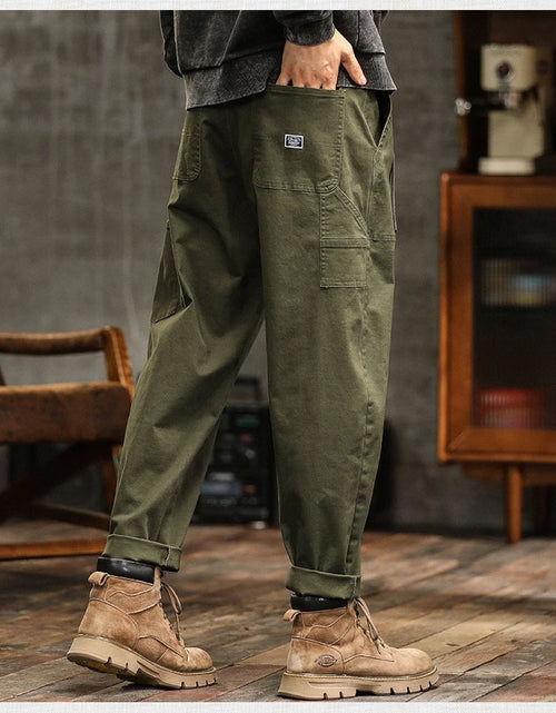 Load image into Gallery viewer, Men's Loose Fit Cargo Trousers Army Green Casual Vintage Style Zip Fly Full Length Pants Midweight Cotton Elastic Waist
