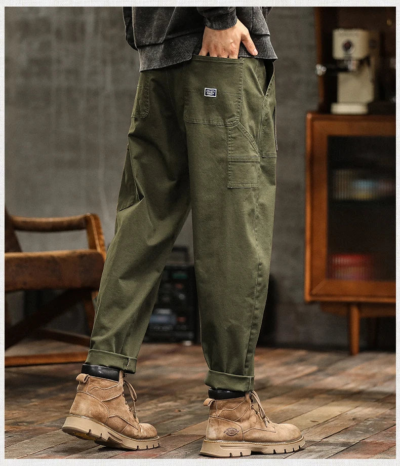 Men's Loose Fit Cargo Trousers Army Green Casual Vintage Style Zip Fly Full Length Pants Midweight Cotton Elastic Waist