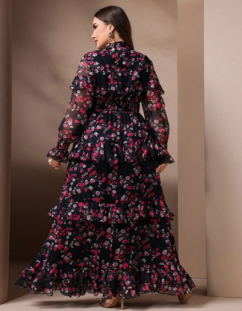 Load image into Gallery viewer, 2025 Spring Plus Size Women&#39;s Elegant Floral Print Mesh Flare Sleeve Dress
