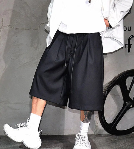 Baggy Casual Black Wide Leg Shorts for Men Elastic Waist Drawstring Loose Fitting