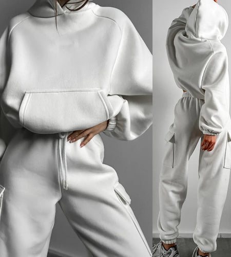 Hoodies Suit Winter Autumn Solid Casual Tracksuit Women Fleece 2 Pieces Set Sports Sweatshirts Pullover Jogger Sweatpants Outfit