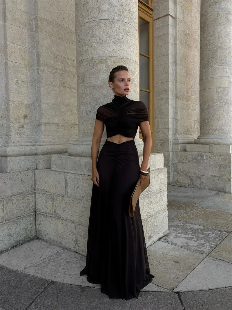 Hollow Out Short Sleeve Sexy Maxi Dress Women Fashion O Neck  High Waist Bodycon Club Party Long Dress