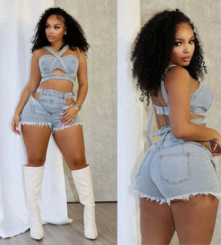 Sexy Jean Women Short Sets Straps Denim Crop Top and Cut Out Shorts Set 2025 Summer Clothes Streetwear Two 2 Piece  Outfits