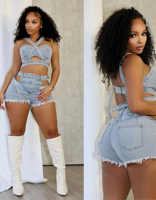Load image into Gallery viewer, Sexy Jean Women Short Sets Straps Denim Crop Top and Cut Out Shorts Set 2025 Summer Clothes Streetwear Two 2 Piece  Outfits
