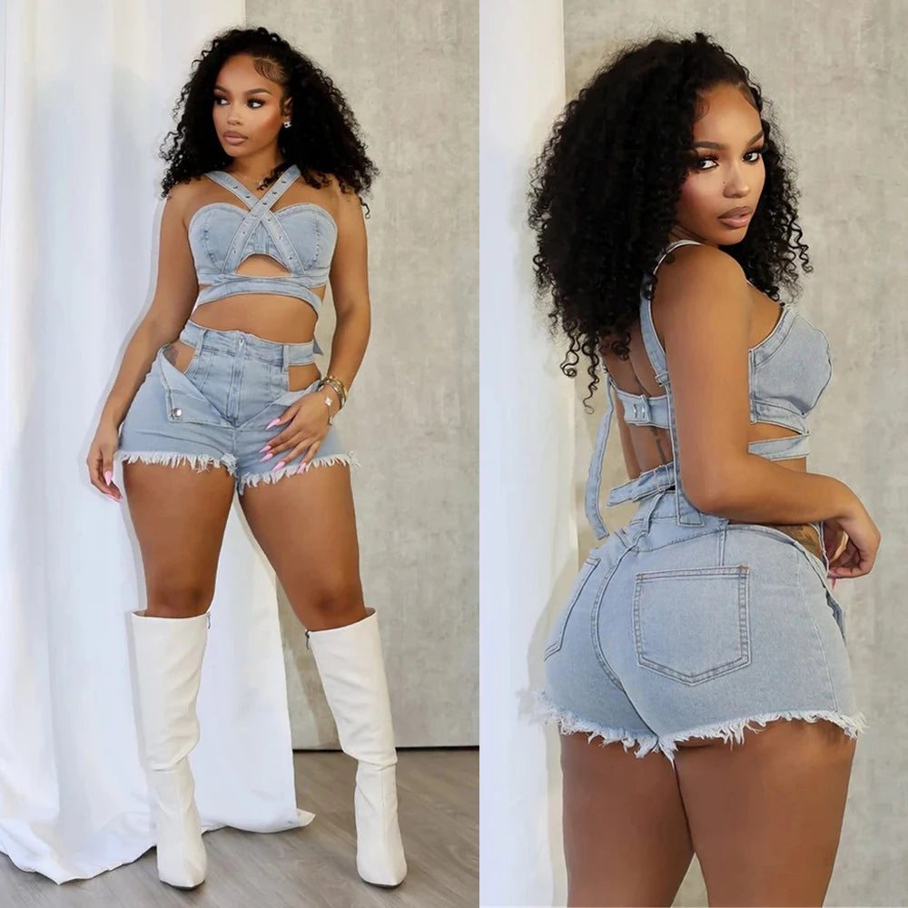 Sexy Jean Women Short Sets Straps Denim Crop Top and Cut Out Shorts Set 2025 Summer Clothes Streetwear Two 2 Piece  Outfits