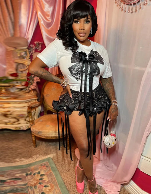 Load image into Gallery viewer, Women&#39;s Set Bow O-Neck short sleeve Tops and lace Shorts Set Casual Two 2 Piece Outfits
