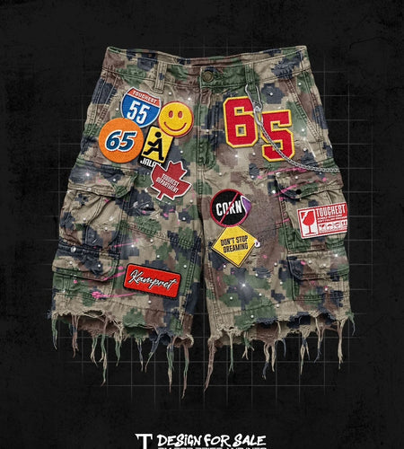 Y2K Men Hop Cartoon Graphics Loose Camo and Denim Casual Shorts