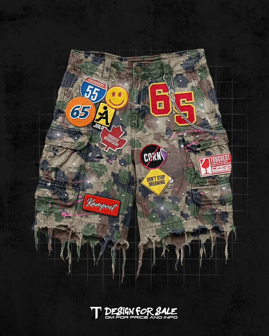 Y2K Men Hop Cartoon Graphics Loose Camo and Denim Casual Shorts