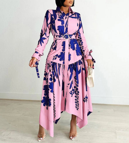 Elegant Dresses for Woman Turn Down Collar Single Breasted Belt Waisted Ankle Length Asymmetric  Dress