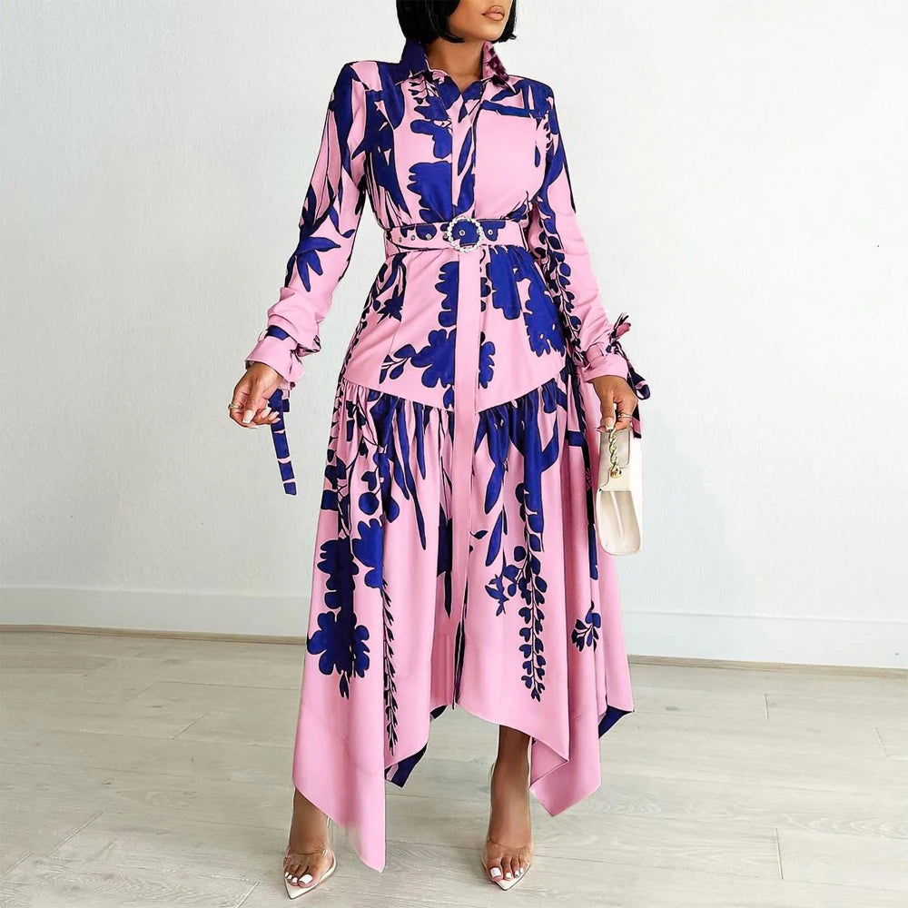 Elegant Dresses for Woman Turn Down Collar Single Breasted Belt Waisted Ankle Length Asymmetric  Dress