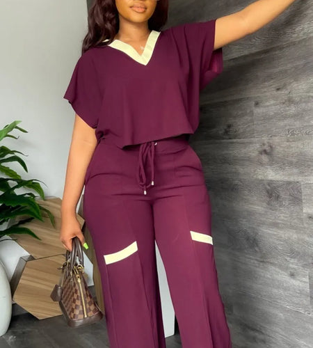 Elegant Women's Casual Short Sleeve T-shirt Sports Suit Summer Fashion Solid V Neck Short Top & Straight Pants Two Piece Sets