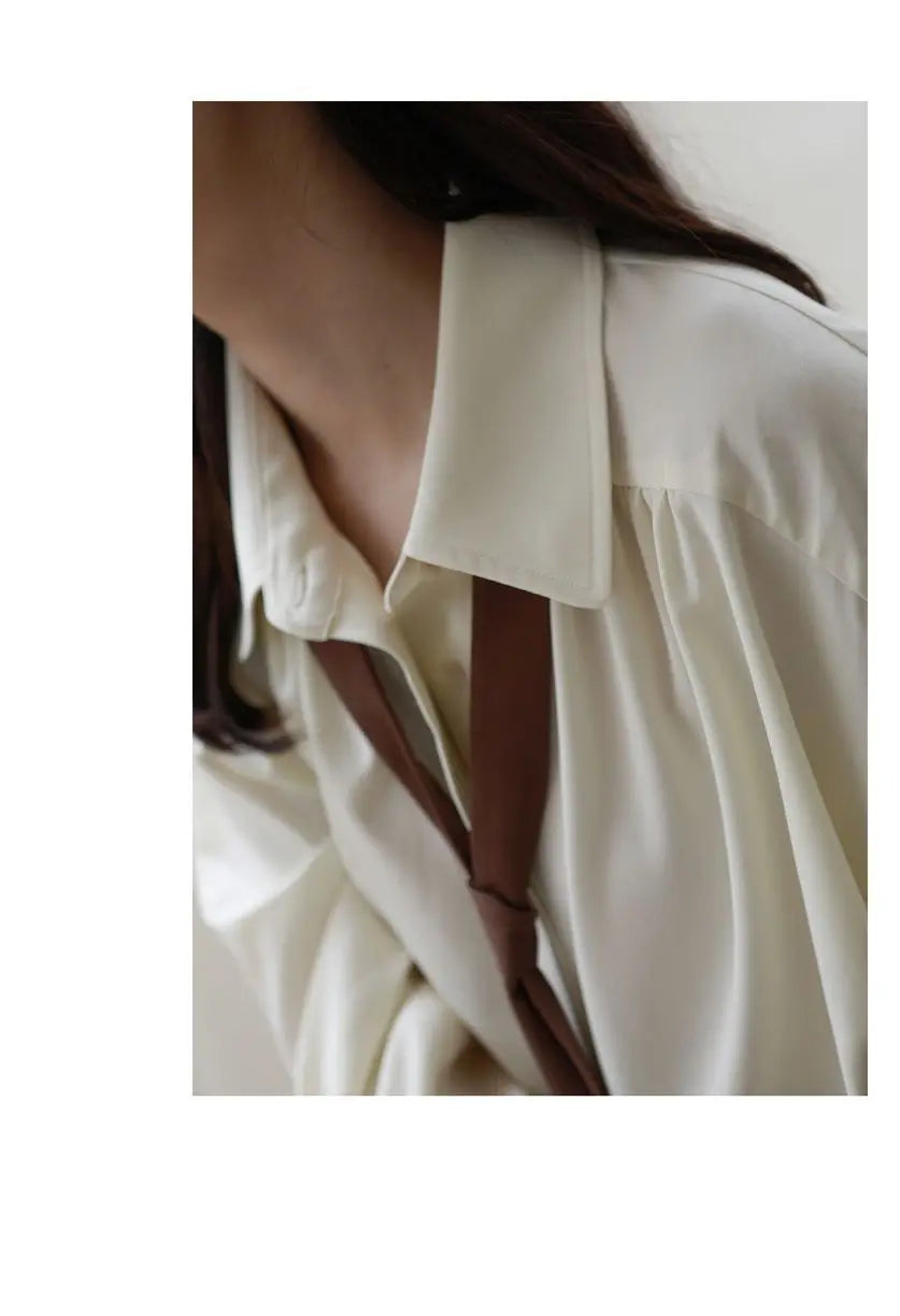 2025 Spring Long Sleeve Button Up Shirt Solid Tie Oversize Shirts Blouse