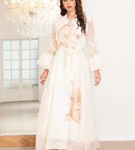 Elegant High Neck  Thobe Dress with Polka Dot Jacquard Embroidery & Lantern Sleeves, Modern Traditional Design