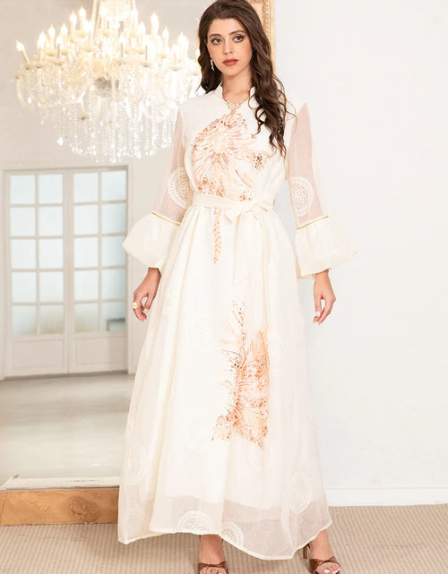 Load image into Gallery viewer, Elegant High Neck  Thobe Dress with Polka Dot Jacquard Embroidery &amp; Lantern Sleeves, Modern Traditional Design
