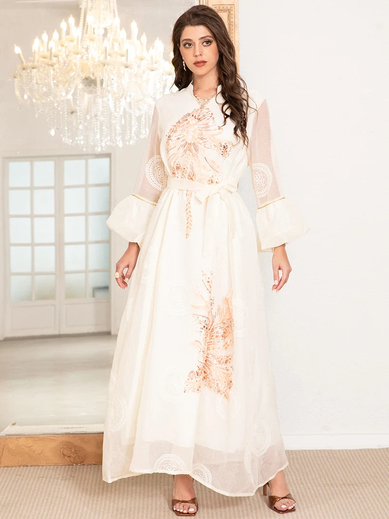 Elegant High Neck  Thobe Dress with Polka Dot Jacquard Embroidery & Lantern Sleeves, Modern Traditional Design