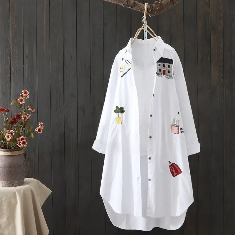 Women Cotton Embroidery Loose Long White Shirts 2023 Spring Autumn New Casual Office Lady Blouse Female Top Oversize 4XL Blouse