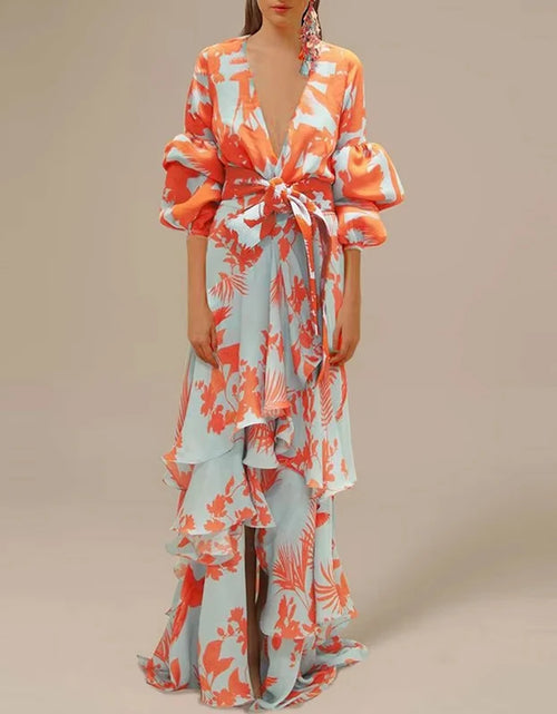 Load image into Gallery viewer, Women Retro Print Ruffle Party Dress Elegant Deep V-neck Lantern Sleeve Long Dress Fashion Tie-up Waist Irregular Bohemian Dress
