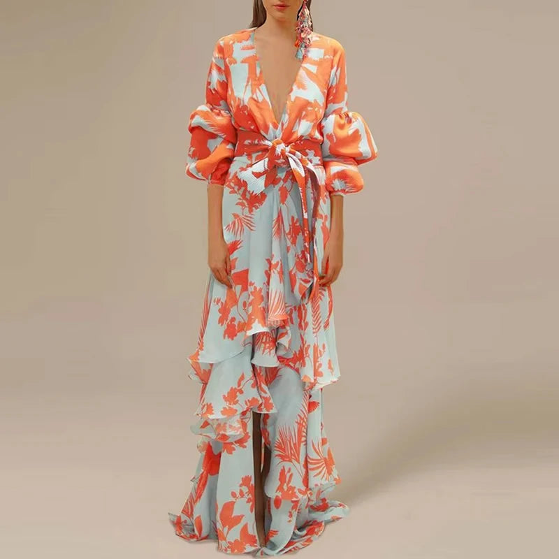 Women Retro Print Ruffle Party Dress Elegant Deep V-neck Lantern Sleeve Long Dress Fashion Tie-up Waist Irregular Bohemian Dress