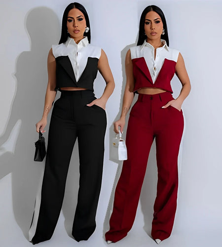 Spring Summer Fashion Color Contrasting Two Piece Set Women Short Sleeve Shirt Top Straight Long Pants Elegant 2 Piece Set Women