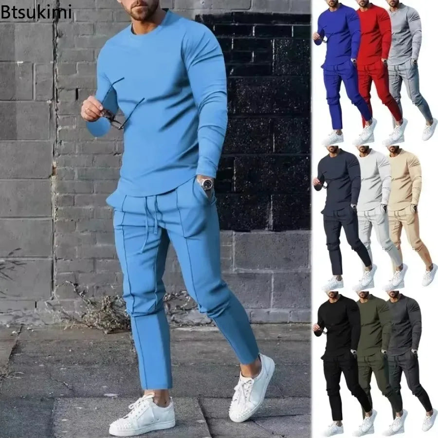 2025 Spring New Men's Casual Sport Two-pieces Fashion Solid Long Sleeve O-neck T-shirt and Sweatpants Suits Men Tracksuit Outfit