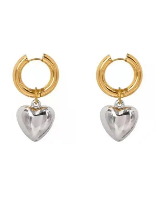 Load image into Gallery viewer, Statement Minimalist Gold Silver Color Mixed Solid Heart Pendant Hoop Earrings
