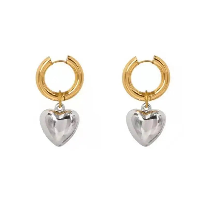 Statement Minimalist Gold Silver Color Mixed Solid Heart Pendant Hoop Earrings