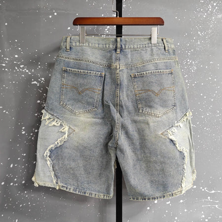 2026 Summer Pentagram Pattern Men's  Mid Length Denim Shorts American High Street Straight