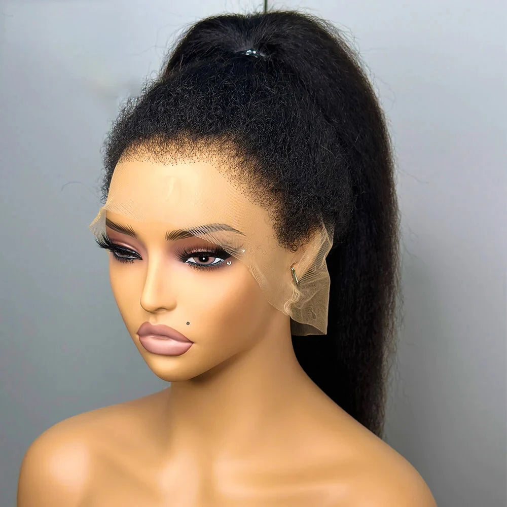 Natural Black Soft 26 Inch Long Glueless Yaki 200Density Kinky Straight Deep Lace Front Wig For Women Babyhair Preplucked