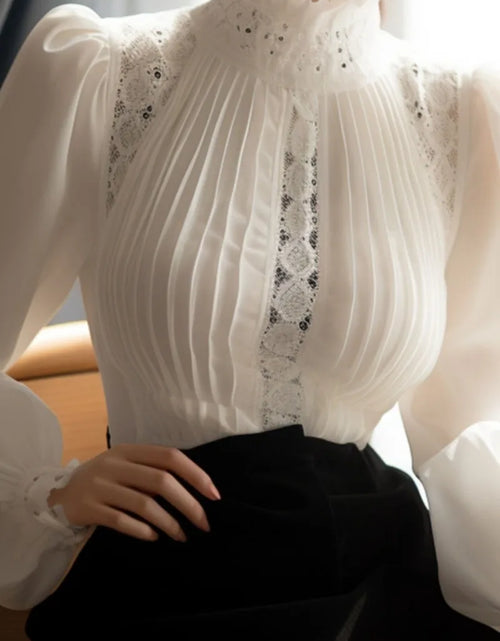 Load image into Gallery viewer, 2025 Blouse for Women Temperament Lace Patchwork Shirts Hollow Out Pleated Stand Neck Vintage Blouses Tops
