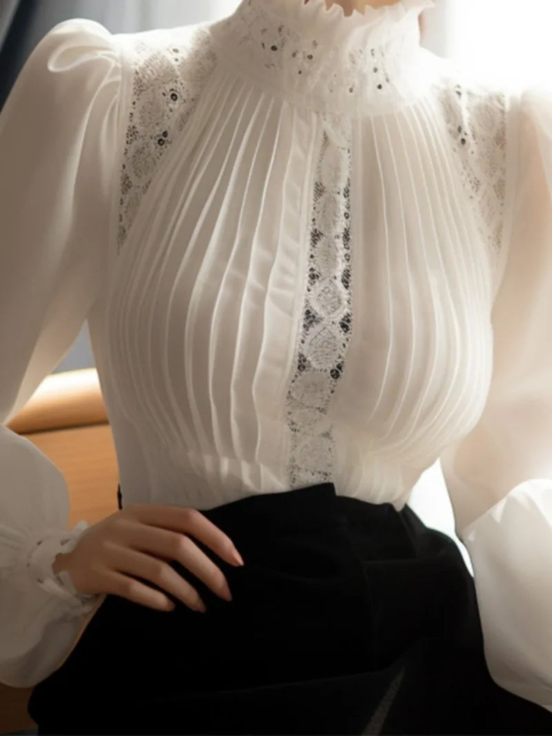 2025 Blouse for Women Temperament Lace Patchwork Shirts Hollow Out Pleated Stand Neck Vintage Blouses Tops