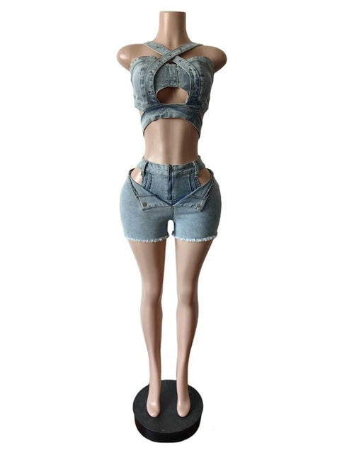 Load image into Gallery viewer, Sexy Jean Women Short Sets Straps Denim Crop Top and Cut Out Shorts Set 2025 Summer Clothes Streetwear Two 2 Piece  Outfits
