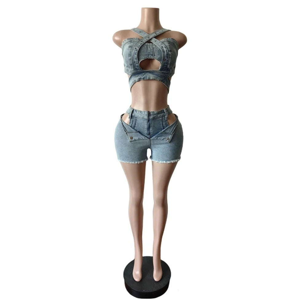 Sexy Jean Women Short Sets Straps Denim Crop Top and Cut Out Shorts Set 2025 Summer Clothes Streetwear Two 2 Piece  Outfits