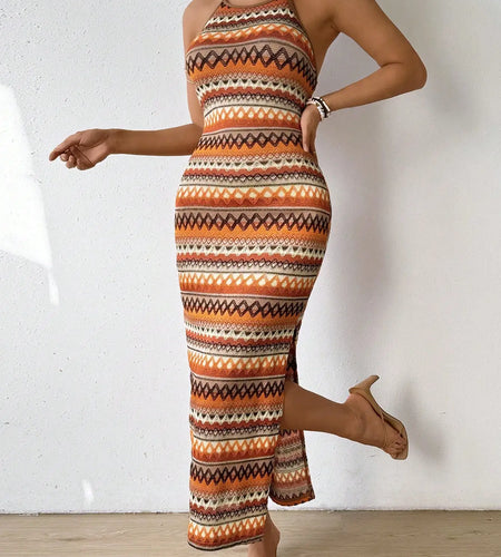 Stylish and elegant women's dress halterneck sleeveless diamond check full body printed halter knit sexy women's dress