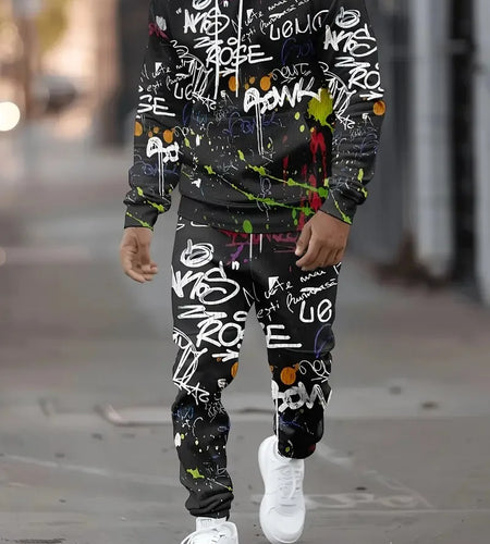 Men's hoodie set features a casual fashionable and comfortable 3D graffiti pattern print