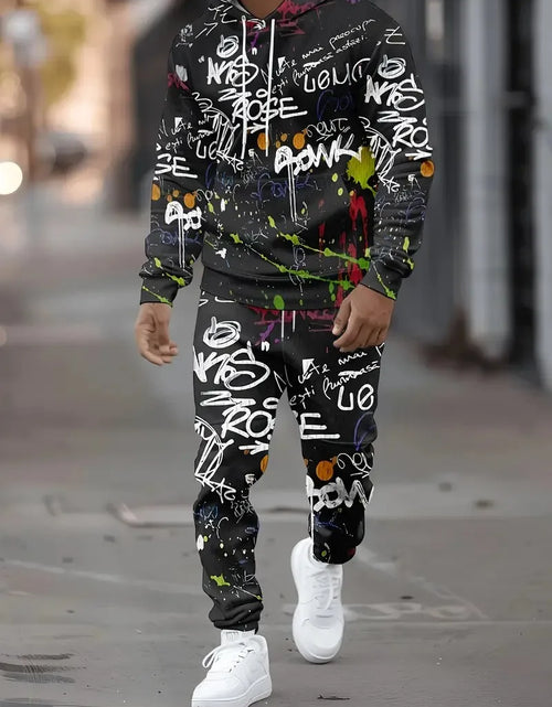 Load image into Gallery viewer, Men's hoodie set features a casual fashionable and comfortable 3D graffiti pattern print
