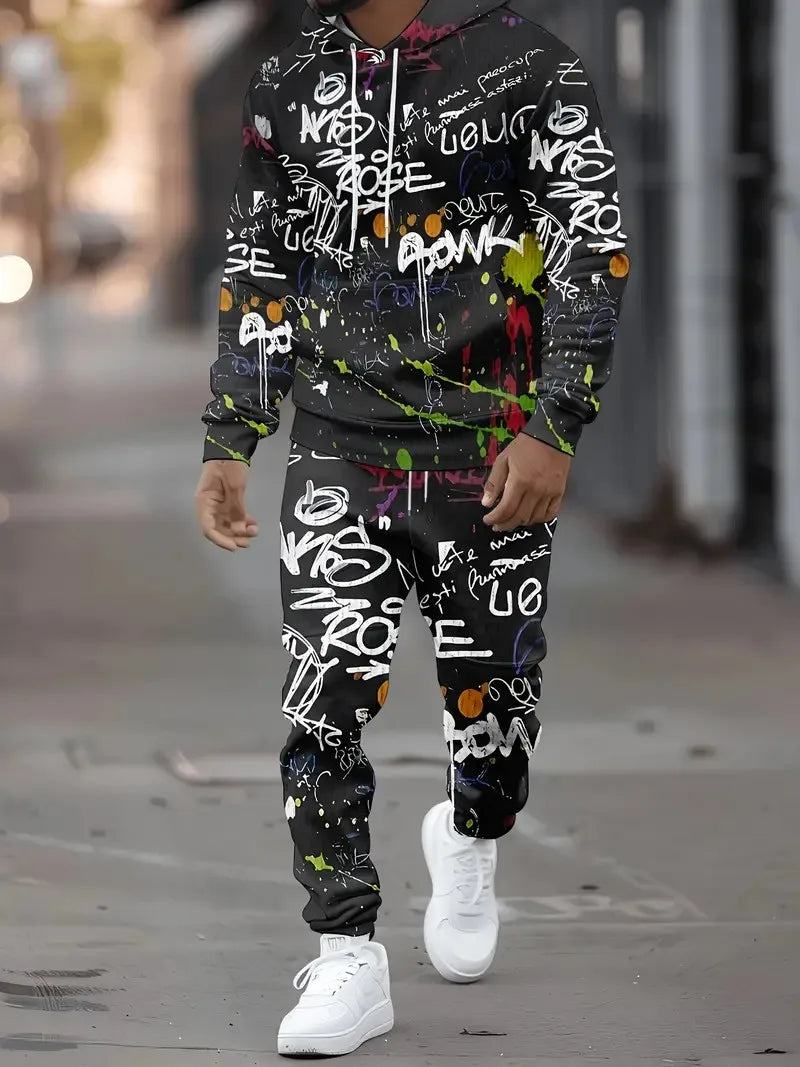 Men's hoodie set features a casual fashionable and comfortable 3D graffiti pattern print