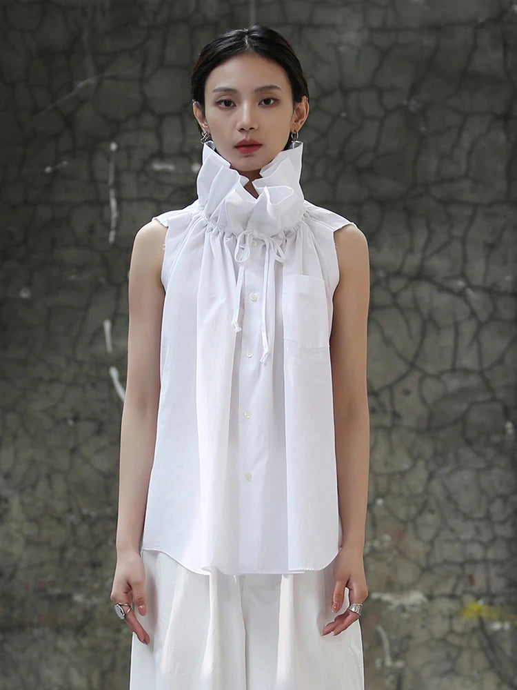 Women White Ruffles Big Size Blouse New Stand Collar Sleeveless Loose Fit Shirt Spring Summer 2025