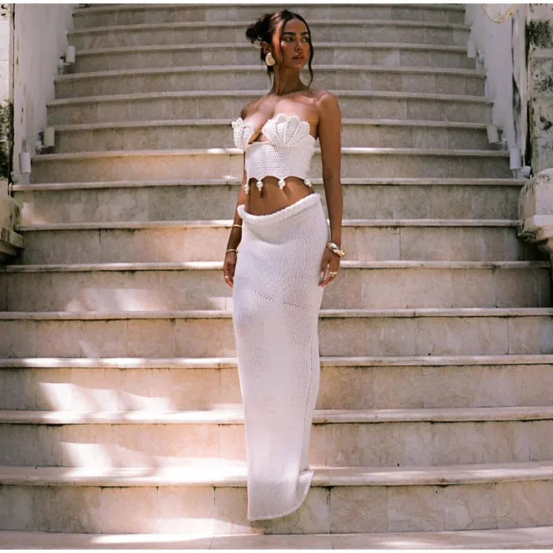 Crochet Knitted Pearl Bra Skirt Set ,Backless Hollow Out Short Top Twists Long Skirt