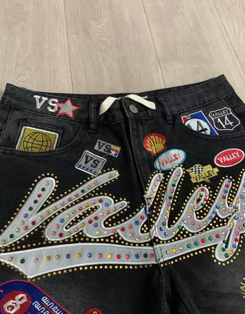 Load image into Gallery viewer, 2026 American VALLEY Embroidery Rhinestone Logo Patch Label Denim Shorts Men High Quality Loose Straight Short Jeans
