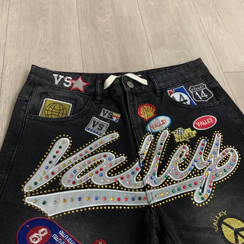 2026 American VALLEY Embroidery Rhinestone Logo Patch Label Denim Shorts Men High Quality Loose Straight Short Jeans