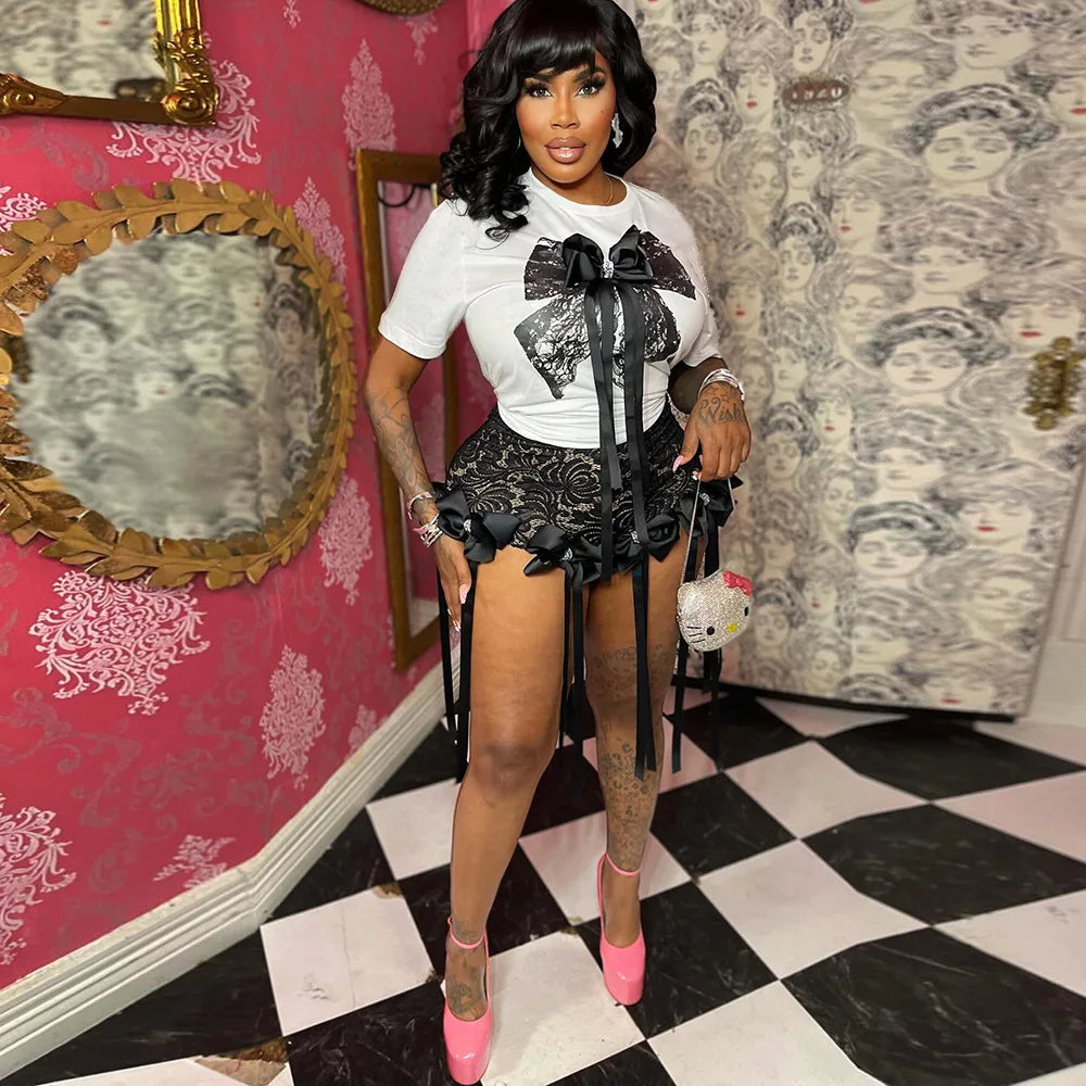 Women's Set Bow O-Neck short sleeve Tops and lace Shorts Set Casual Two 2 Piece Outfits