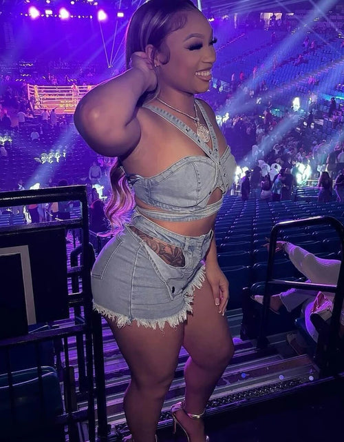 Load image into Gallery viewer, Sexy Jean Women Short Sets Straps Denim Crop Top and Cut Out Shorts Set 2025 Summer Clothes Streetwear Two 2 Piece  Outfits
